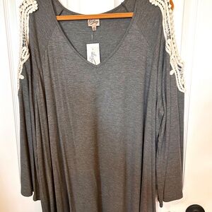 Cold Shoulder 3X NWTS Grey Knit Tunic BOHO Embroidered